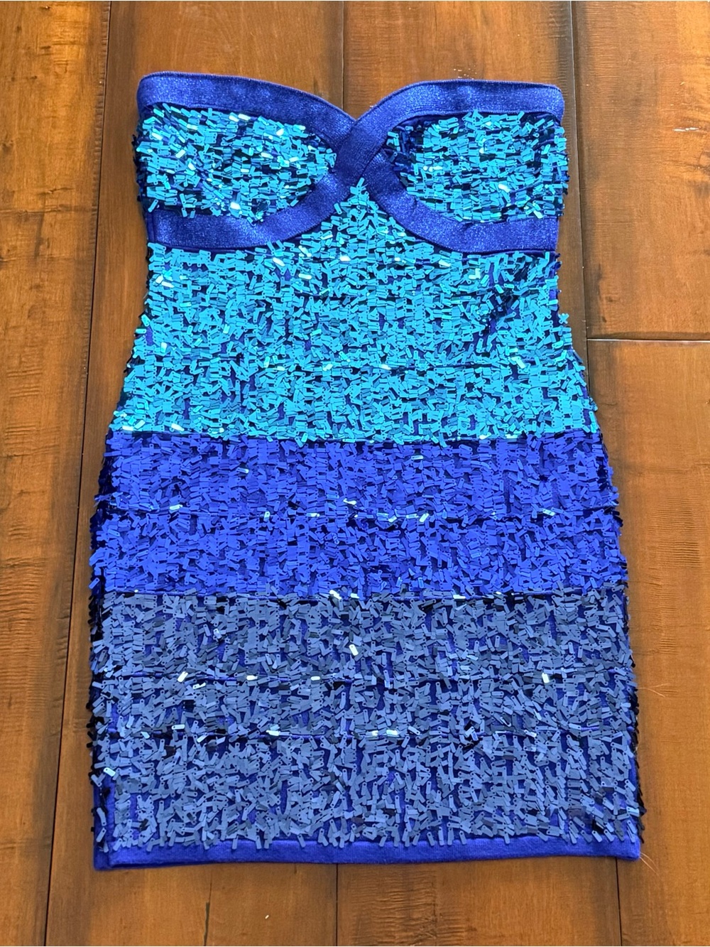 WOW couture Strapless Sequin Ombre Mini Dress in Teal and Royal Blue